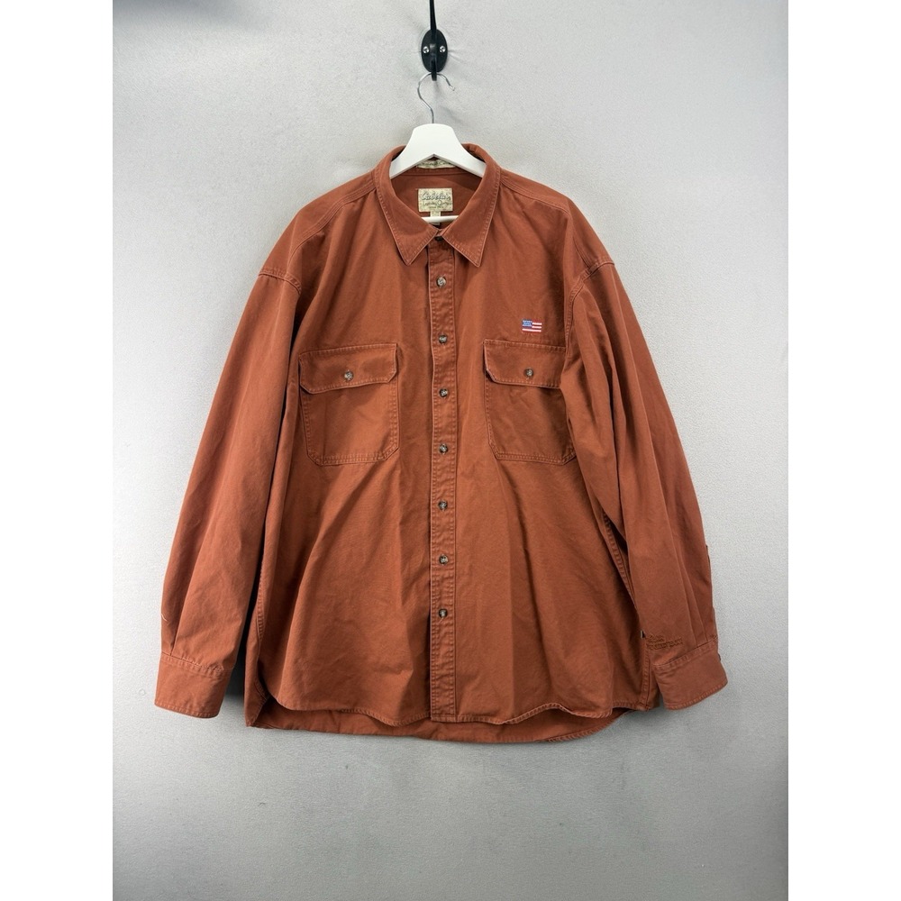 Cabelas 2XL Tall Canvas Shirt Rust Long Sleeve Button Down USA Flag Work